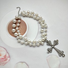 Crystal Pearl Cross Necklace Vintage Layered Faux Pearl Pendant Necklace Rhinestone Crucifix Jewelry for Women (White)