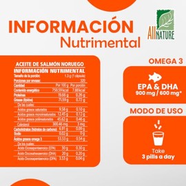 All Nature. Aceite de Salmón Noruego Omega 3. 1300 mg por Porción con EPA y DHA. Suplemento Familiar con Ingredientes Naturales y Alta Pureza. (90 cáp