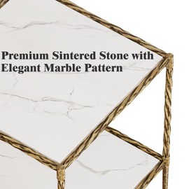 20" Square Sintered Stone End Table, Modern Marble Look Side Table with Open Storage Shelves, Accent Table with Antique Brass Gold Frame for Living Room, Bedroom