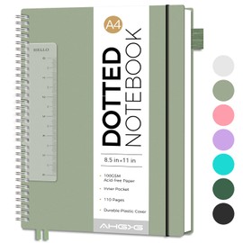 AHGXG Bullet Dotted Journal - Dot Grid Spiral Notebook 8.5" x 11", A4 Large Dotted Notebook, 100 GSM Thick Paper, Waterproof Plastic Cover Journals for Bullet Journaling, Sketching, Sage Green