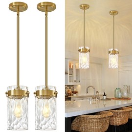 Brushed Gold Pendant Lights for Kitchen Island 4.72" Hammered Glass 2 Pack