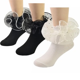 WBZOTSS Girls Lace Ruffle Socks Double Frilly Dress Socks Toddler Turn Cuff Socks 3 Pack (US, Age, 4 Years, 6 Years, 3 Pairs A1)