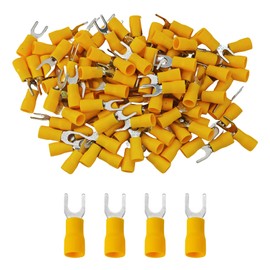 Runseaway 100PCS 12-10 AWG Insulated Fork Spade Wire Connectors, Yellow U-Type Electrical Crimp Terminals, Tinned Copper, M5 Stud Size, Ideal for Automotive Electrical Applications