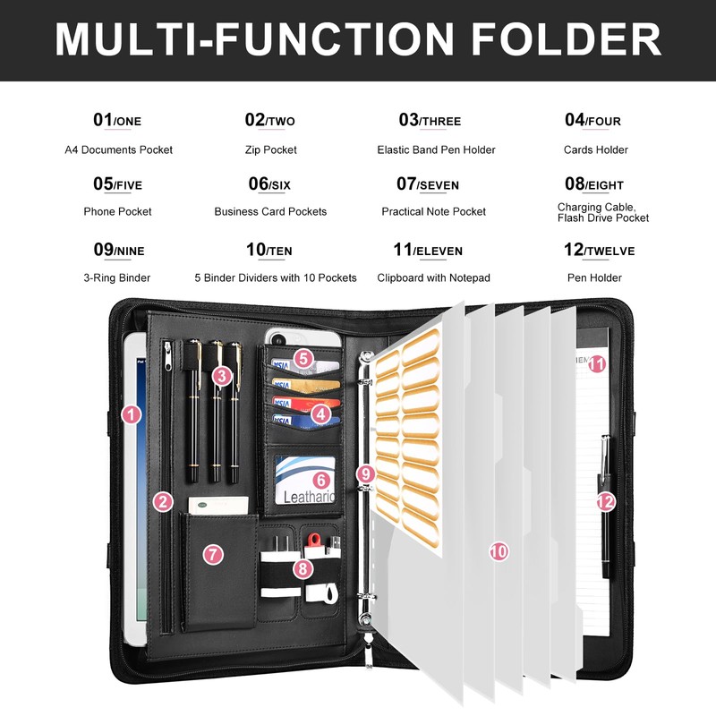 Leathario 3-Ring Portfolio Binder, Includes 5 Folder Index Dividers, 13