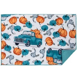 Fall Dish Drying Mat -Teal Trucks and Teal and Orange Pumpkins Fall Dish Drying Mat