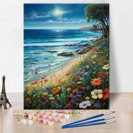 Stardust Beach Garden DIY Paint by Numbers Kit for Adults Enchanted Coastal Flora Scene Paint by Numbers Night Beach Paint by Numbers Kit Acrylic Painting Oil Painting Art Crafts 16"x20"(Frameless)