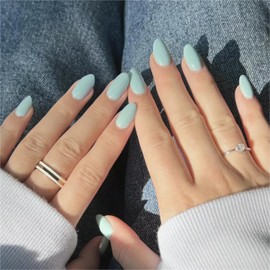 MERVF Medium Press on Nails Almond Fake Nails Press ons Mint Blue Glue on Nails with Solid Color Design Stiletto Classic Summer Acrylic False Nails Glossy 24pcs