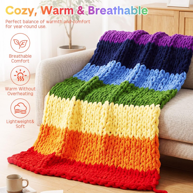 Buryeah Rainbow Chunky Knit Throw Blanket 50"x60" Soft Knitted Throw