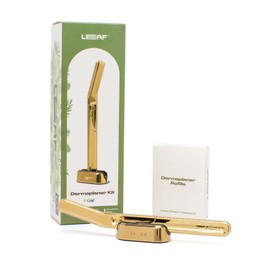 Leaf Shave | Leaf Dermaplaner Kit, All-Metal Reusable Dermaplane Razor and Exfoliating Tool for Women, Includes Matching Stand and 10-Pack of Refills - Gold