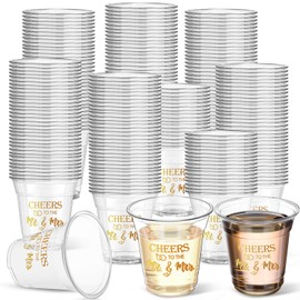 Rtteri 100 Pack Mr and Mrs Plastic Cups 10 oz Wedding Bridal Shower Disposable Cups Bulk Clear Engagement Reception Drinking Cups Wedding Party Favors Supplies(Gold)