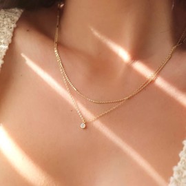 Rotnso Gold Necklace for Women Dainty Diamond Rhinestone 14K Gold Plated Layered Cubic Zirconia Bar Chain Necklaces Set Trendy Round CZ Solitaire Pendant Choker Cute Aesthetic Jewelry Gifts