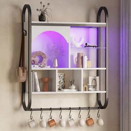 Saudism Floating Shelves with Lights, Led Shelves for Wall, Gaming Display Shelf, Lighted Bar Shelves, Arched Shelf for Collectibles, Sturdy Fast Assembly Great Weight Capacity (White)