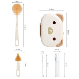 HOEREV Portable baby BPA-free bottle brush set include pacifier brush, straw brush, draining rack, portable box, Beige