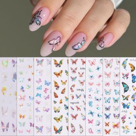 8 Sheets Laser Butterfly Nail Art Stickers 3D Shell Aurora Butterfly Nail Stickers Holographic Gradient Colorful Laser Shiny Butterflies Nail Designs Nail Decals for Women Girls DIY Nail Decoration