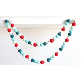 Christmas Felt Garland Pom Ball 100% Wool 10' String 60 Poms Green Red Holiday Bright Boho Decor Mantel Hanging Seasonal Banner Craft Colorful Cute Wall Party Decoration | Mini Felt Factory
