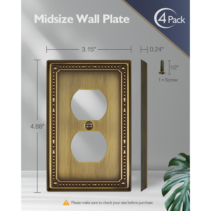 ZILLSEA 4-Pack Antique Brass Outlet Covers, Metal Duplex Wall Plates