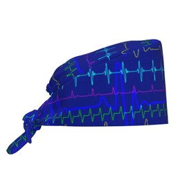 Blue ECG Lines Heartbeat Electrocardiogram Nurse Working Cap with Sweatband for Women Men, Adjustable Cleaning Working Hats, Nurse Surgical Caps(Tie Back)