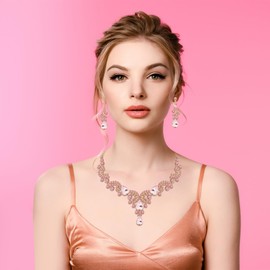 Paxuan Crystal Bridal Wedding Jewelry Sets for Women Rhinestone Teardrop Crystal Statement Choker Necklace Drop Earrings Link Bracelets Rings Teardrop Jewelry Set for Brides Bridesmaids (Necklace+Earrings+Bracelet+Ring（Pink）)