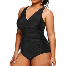 Aqua Eve Women Plus Size One Piece Swimsuits V Neck Tummy Control Bathing Suits Retro Ruched Swimwear Black 16 Plus