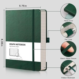 RETTACY Graph Paper Notebook A5 320 Pages Grid Notebook Thick Journal, 100gsm Thick Graph Paper, Leather Hardcover, Inner Pocket, for Office School Work Women Men14.5 x 21cm - Green