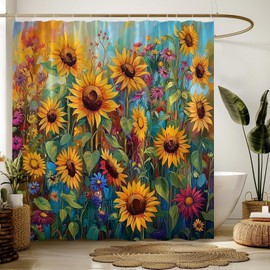 YNFUQANLN Sunflower Shower Curtain Rustic Farmhouse Flower Wildflowers Rustic Plants 70" Wx70 H Fabric Bathroom Decor Curtain with Hooks