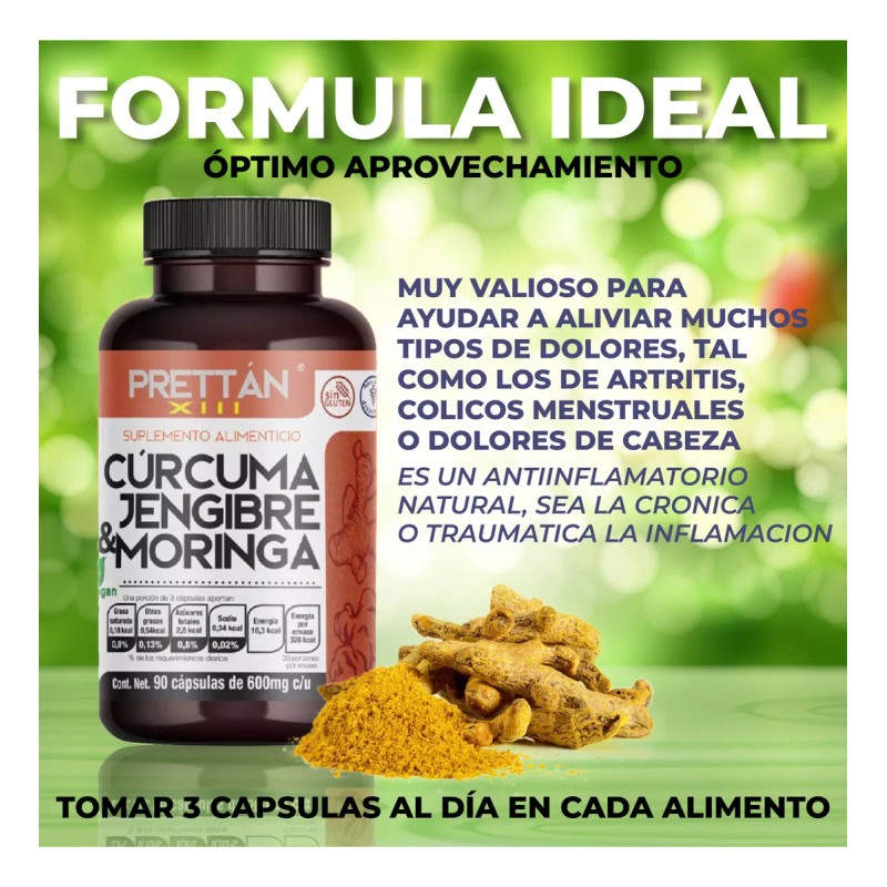 Crcuma Jengibre Y Moringa Prettan Suplemento 600mg 90 Caps