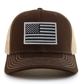 Armycrew Black Grey American Flag Patch 6 Panel Oversized XXL Two Tone Mesh Back Trucker Cap - Brown Khaki