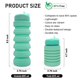 Wikineon Collapsible Water Bottle 20oz, Travel Portable Sport Water Bottle, Silicone Reusable Leakproof Foldable Water Bottles for Gym Camping Outdoor Hiking, BPA Free
