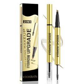 Weixinbuy 2-IN-1 Microblading Eyebrow Pen Long-lasting, Waterproof Eyebrow Pencil Dual-Ended with 4-Fork-Tip & Brow Brush & Clear Brow Gel, Fluffy & Defined Brows for Natural-Looking (2# Light Brown)