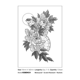 kobench Temporary Tattoos,Bird Two Flowers - K46 Design,Waterproof,Easy-to-Apply,Long Lasting 1-2 Weeks, Plant-Based,Flower Tattoos
