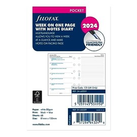 Filofax Calendar Diary Refill, Pocket Size, Week on One Page with Notes, White Paper, Multilingual: Four Languages, 2024 (C68209-24)