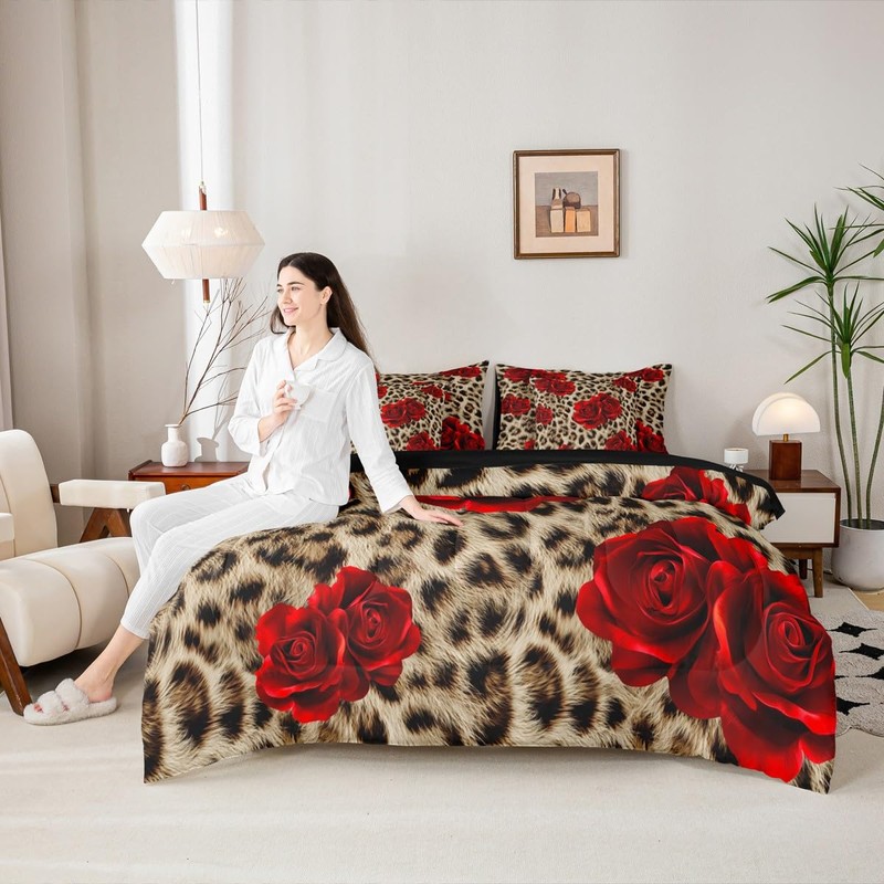 Erosebridal Leopard Print King Size Comforter Set, Red Rose 7-Piece