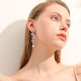 EleQueen Teardrop Dangle Clip-on Earrings Cubic Zirconia Simulated Pearl Jewelry for Wedding Bridal