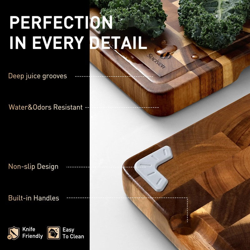 End Grain Cutting Board for Kitchen with Non-slip Feet, Acacia