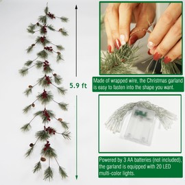 VOELIGT 2PCS 6 Feet Christmas Garland for Mantle Smokey Pine Garland Realistic with Red Berry LED Light Thanksgiving Day Table Runner Decor Christmas Garland Indoor