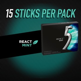 5 GUM React Mint Sugar Free Chewing Gum Bulk Pack (10 packs x 15 sticks) Intense, Long-Lasting Flavor