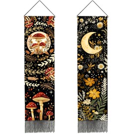 PRESSINART 2 Pcs 2 Styles Long Plant Tapestry Vertical Moon Tapestry Plants Flower Mushroom Bohemian Aesthetic Art Black Tassels Wall Hanging for Bedroom Living Room Office Studios Home Decoration