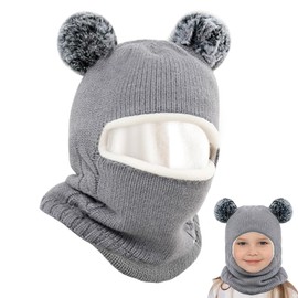 mizikuu Slip-On Hat Baby Knitted Hat Bobble Fleece Lining Warm Cute Winter Hat Warm Hat and Scarf Set Beanie Hat Soft Cotton Caps Scarves Hats for Boys Girls 2-7 Years, gray