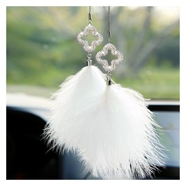 Bling Car Hanging Accessories for Women - Crystal Rhinestone Clover & White Feather Pendant, Diamond Car Rear View Mirror Charm Decoration, Lucky Auto Interior Ornament for Girls (4 Leaf Clover)