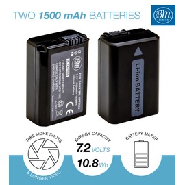 BM Premium 3 NP-FW50 Batteries for Sony ZV-E10, A6400, DSC-RX10 IV, DSC-RX10 III, DSC-RX10 II, DSC-RX10, Alpha 7, Alpha 7R, a7, a7R, A7s, A7s II, a3000, a5000, a6000, A6100, a6300, a6500 Cameras
