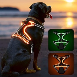 Dog Harness Luminous Adjustable for Small Medium Large Dogs, Anti-Pull Light Harness for Dogs, Reflective LED Light Chest Harness, Padded, No-Pull Dog Harness with Light, Orange-S