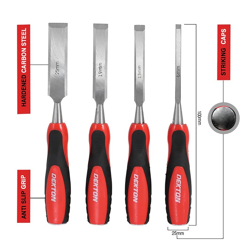 DEKTON DT40125 Chisel Set, Black/Red, Set of 4 Pieces