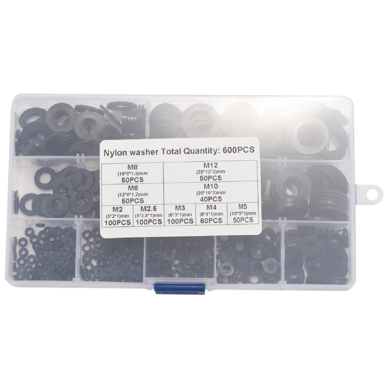 Bzocio 600Pcs Black Nylon Rubber Flat Washer Assortment Kit for