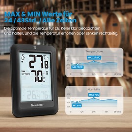 Newentor Max Min Thermometer Indoor Outdoor 24/48 Hours/All Times - Hygrometer Humidity Meter with Air Comfort - Wireless Weather Station with Outdoor Sensor - Room Thermometer with Lighting, Black