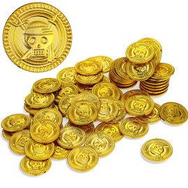 Aoriher 50 Pieces Plastic Coins Children Pirate Coins Pirate Treasure Fake Coins Pirate Treasure Hunt Chest Coin for Children Pirate Treasure Hunt Party Bags (1 x 1 x 0.07 Inches, Gold)