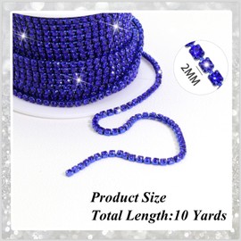 FULZTEY 10 Yards Rhinestone Close Chain,SS6 Gems Rhinestones String for Sewing Crafts,Royal Blue Crystal Ribbon Trim,Bling Diamond Yard for DIY Clothes Jewelry Wedding Party Bouquet Decoration