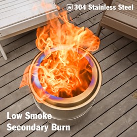 BRIOPAWS Large Smokeless-fire-pit Outdoor | 15 IN | 304 Stainless-Steel-Firepit | Portable Solo Fire Pits for Outside, Camping | Low Smoke Stove | Wood Burning Chimenea, Inclu. Bag, BBQ Forks, Handles
