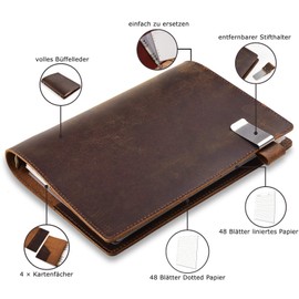 Anzhi Handgefertigtes Leder Ringbuch A5, Notizbuch mit Lederhülle, 23 x 17 cm, nachfüllbar mit 6-fach Ringbuch