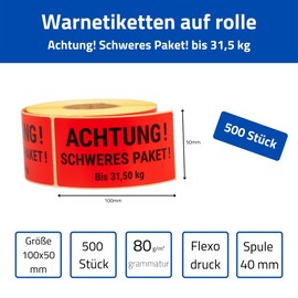MDlabels Warning Labels on Roll 100 x 50 mm - 500 - Caution Heavy Package up to 31.5 kg - Caution - Heavy - Shipping Stickers