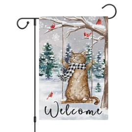 Louise Maelys Welcome Winter Garden Flag 12x18 Double Sided, Burlap Small Snow Cat Swing Garden Yard House Flags for Winter Outside Outdoor Decoration (ONLY FLAG)